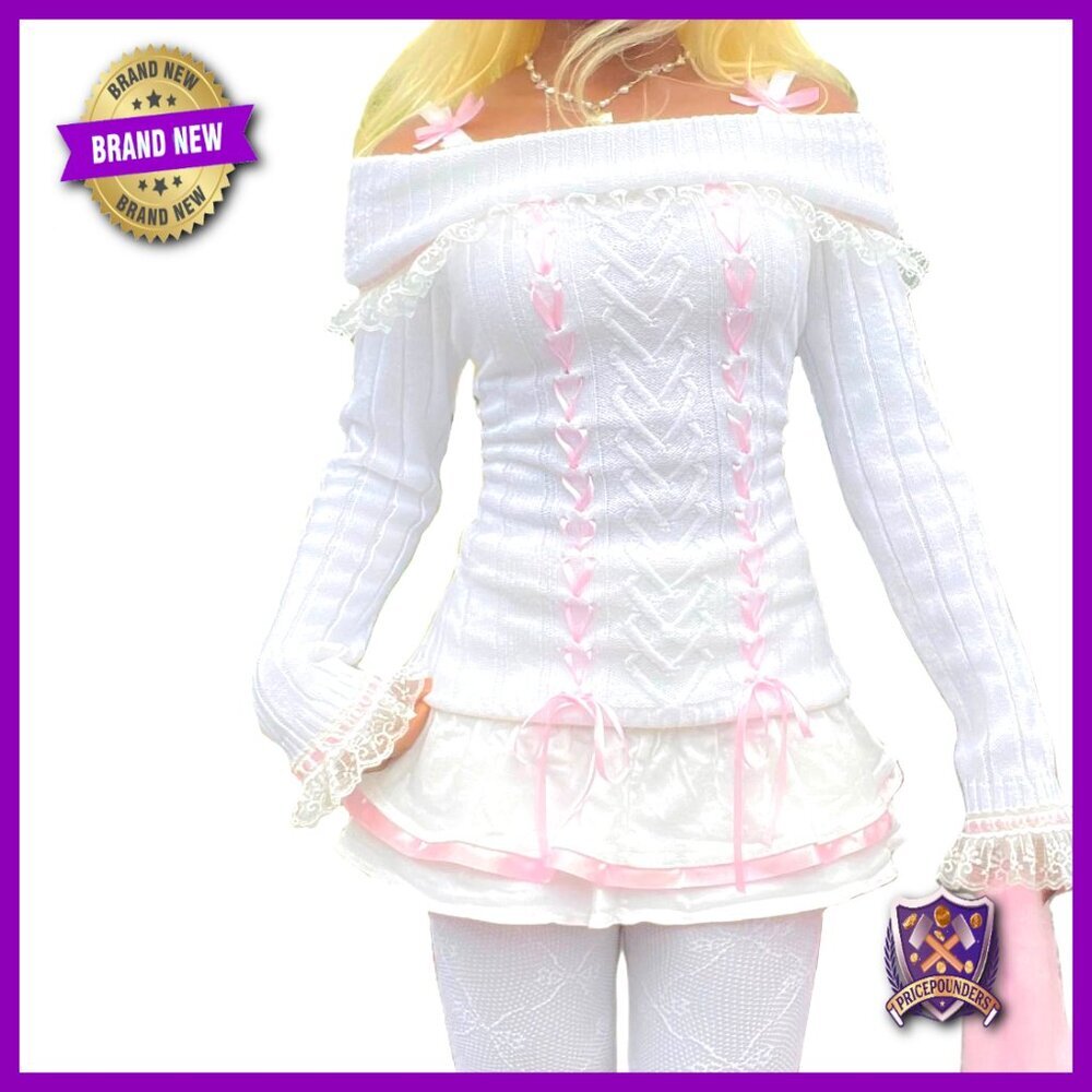 Off Shoulder Sweater Long Sleeve Lace Trim Bow Front Knit Top